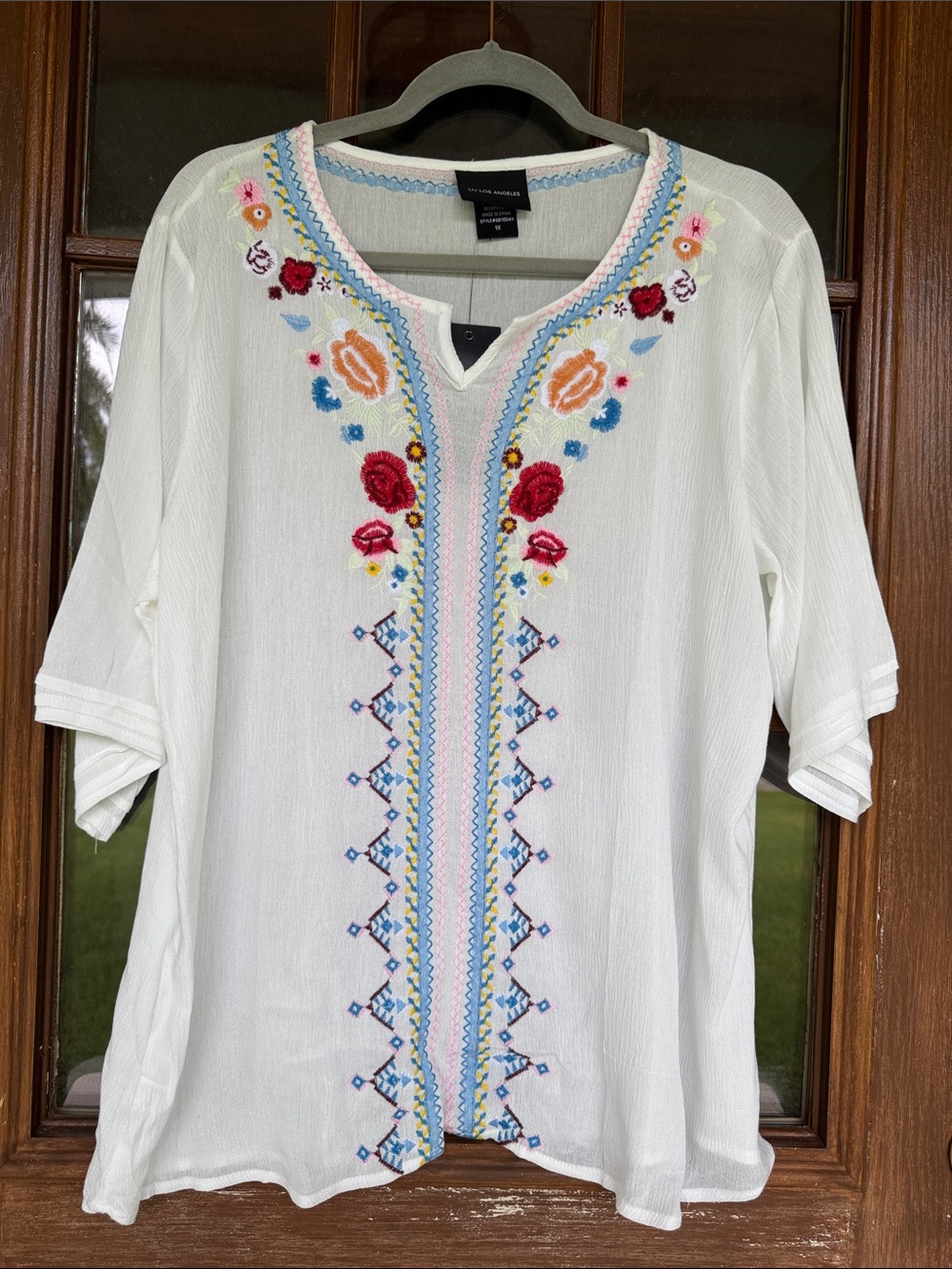 White Embroidered V-Neck Tunic Top with Multicolor Floral Detail